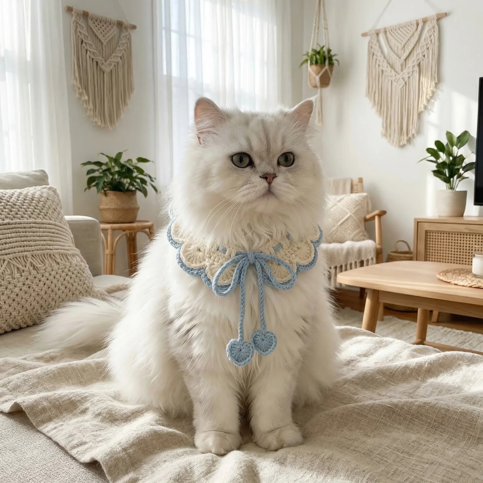 Handmade Crochet Pet Collar | White Blue Heart Ruffled Dog Cat Bandana with Pom Poms