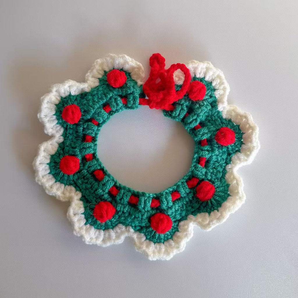 Handmade Crochet Cat Collar in Green Red with Cherry Accents, Cute Knitted Pet Neckwear for Cats, Handmade Pet Accessories