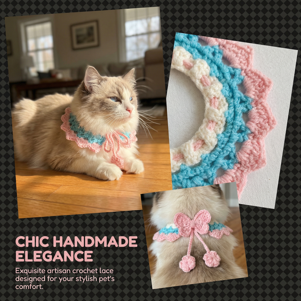 Chic Handmade Crochet Cat Collar, Exquisite Artisan Lace Knitted Cat Bib for Ragdoll Cats, Stylish Pet Neckwear with Bow Detail for Cats