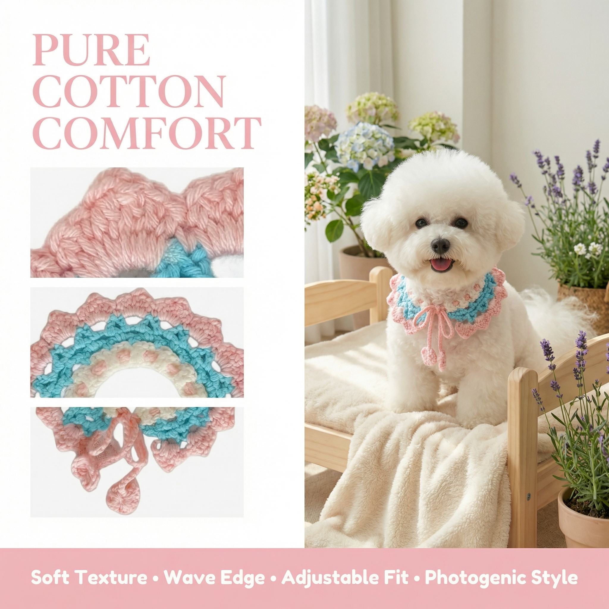 Handmade Crochet Pet Collar, Soft Cotton Knitted Dog Bib, Adjustable Cute Lace Neckwear for Small Dogs like Bichon Frise, Pure Cotton Comfort Pet Accessory