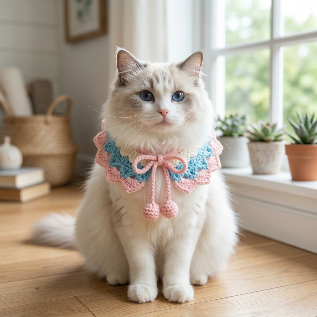 Cute Handmade Crochet Cat Collar, Knitted Cat Bib with Bow Tie and Pom Poms, Soft Adjustable Neckwear for Ragdoll Cats, Photogenic Pet Accessory