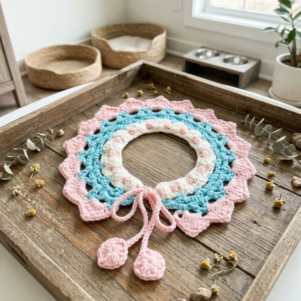 Handmade Crochet Pet Bib Flat Lay, Soft Cotton Knitted Cat Dog Collar with Wave Edge, Adjustable Tie and Cute Pom Poms, Handmade Pet Accessory