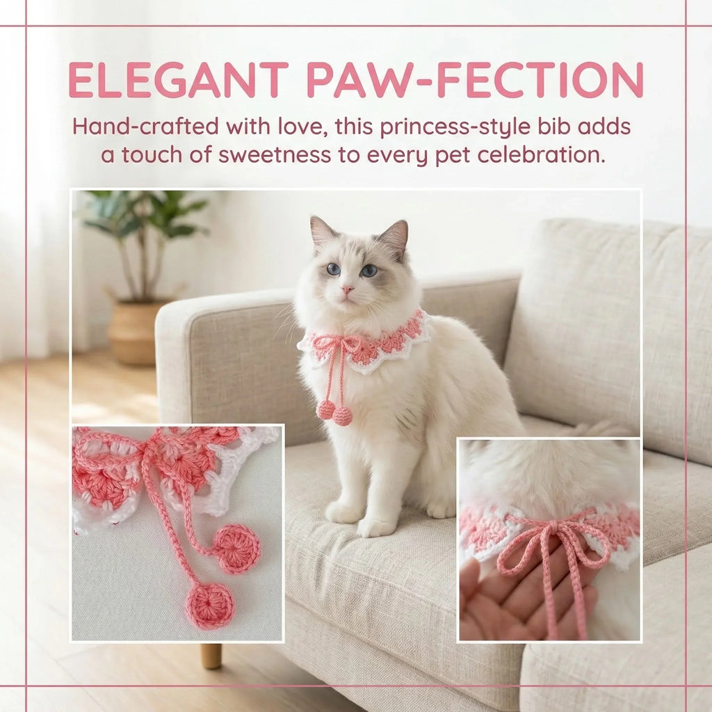 Elegant princess-style crocheted pet bib worn by a fluffy cat, with close-ups of bow details and soft texture, perfect for pet celebrations.