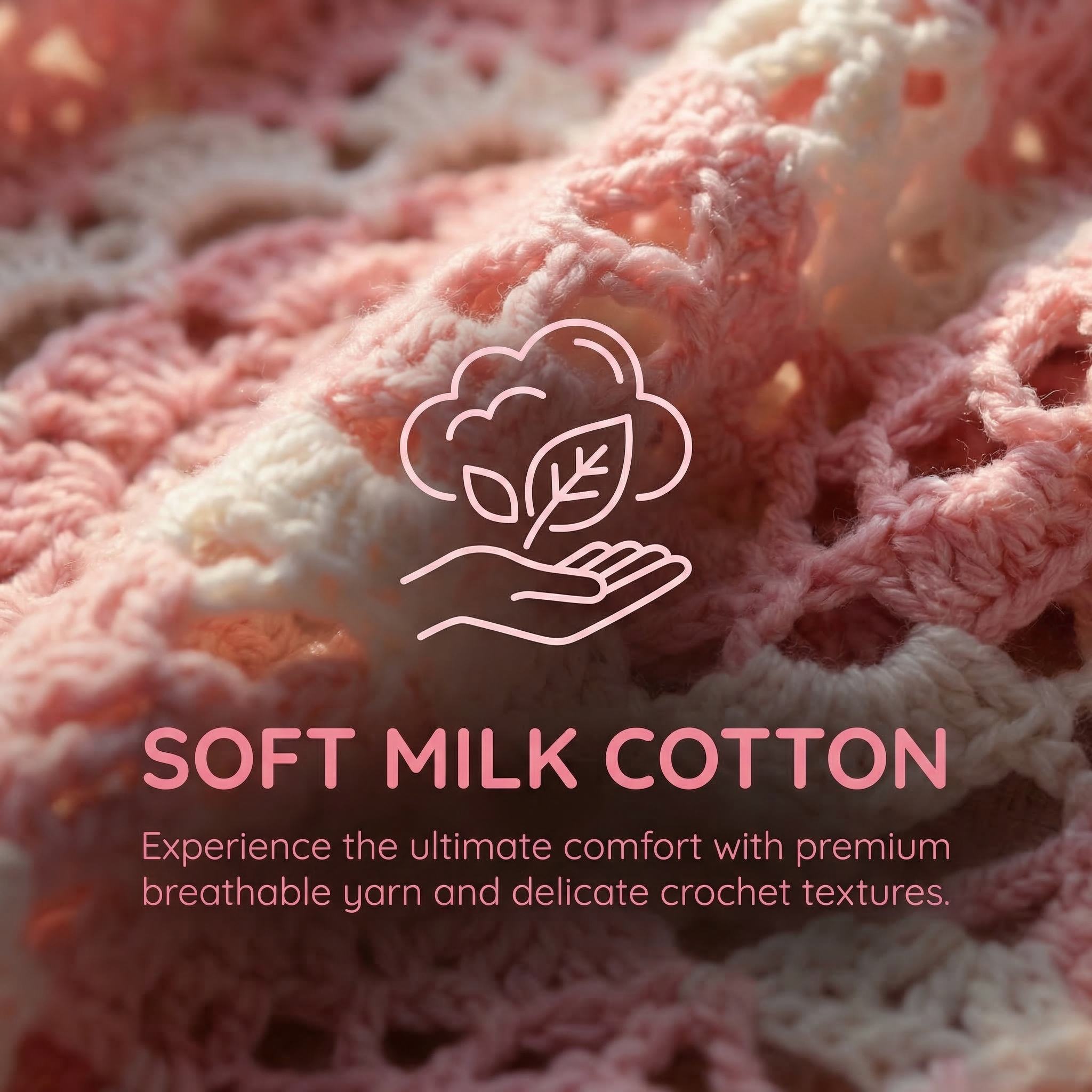 Close-up of soft milk cotton yarn texture for crocheted pet accessories, highlighting breathable, delicate knit patterns and premium quality.