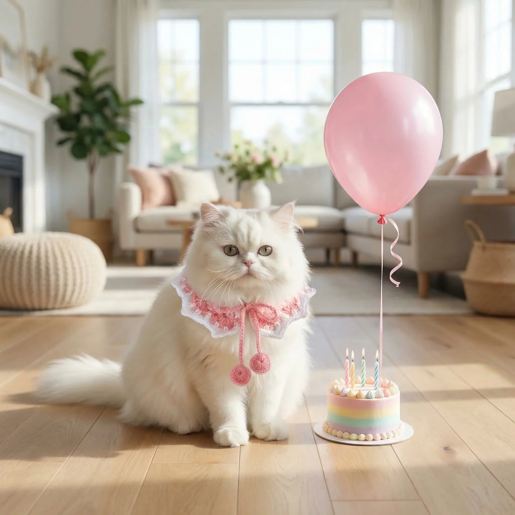 White cat wearing pink crocheted pet bandana next to a rainbow birthday cake and pink balloon, ideal for pet birthday photoshoots.