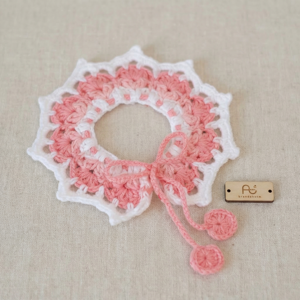 Handmade pink and white crocheted pet bandana with lace trim, adjustable bow and pom-pom details, laid flat on linen background.