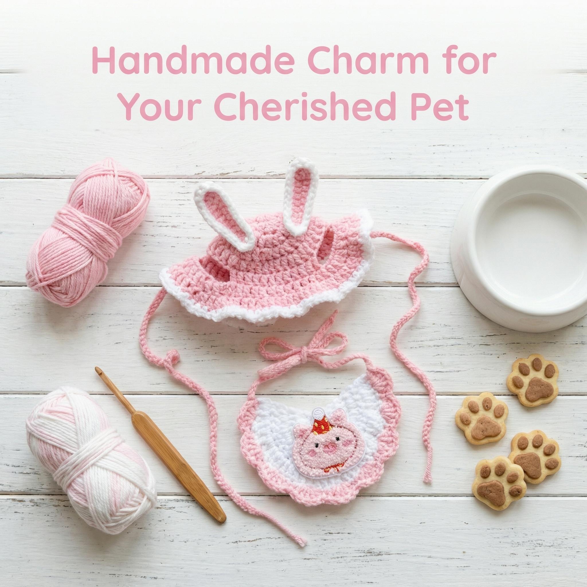 Handmade Crochet Pet Outfit Set Flat Lay, Bunny Hat and Pig Scarf with Yarn and Crochet Hook, 100% Handcrafted Pet Accessory Set for Cats & Dogs
