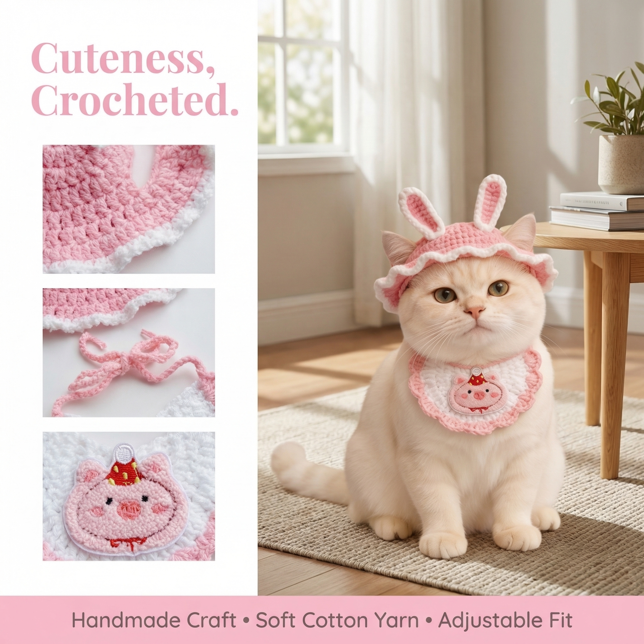 Handmade Crochet Pet Outfit Set, Bunny Hat and Pig Scarf for Cats, Cute Soft Knit Custom Pet Costume, Handcrafted Pet Accessory with Adjustable Fit