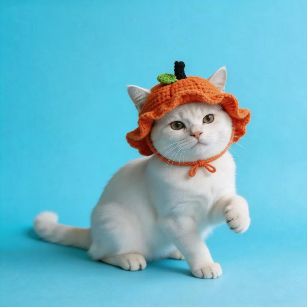 Pumpkin Crochet Pet Hat|Cute Halloween Cat Bonnet|Soft Funny Pet Headwear for Cats & Small Dogs