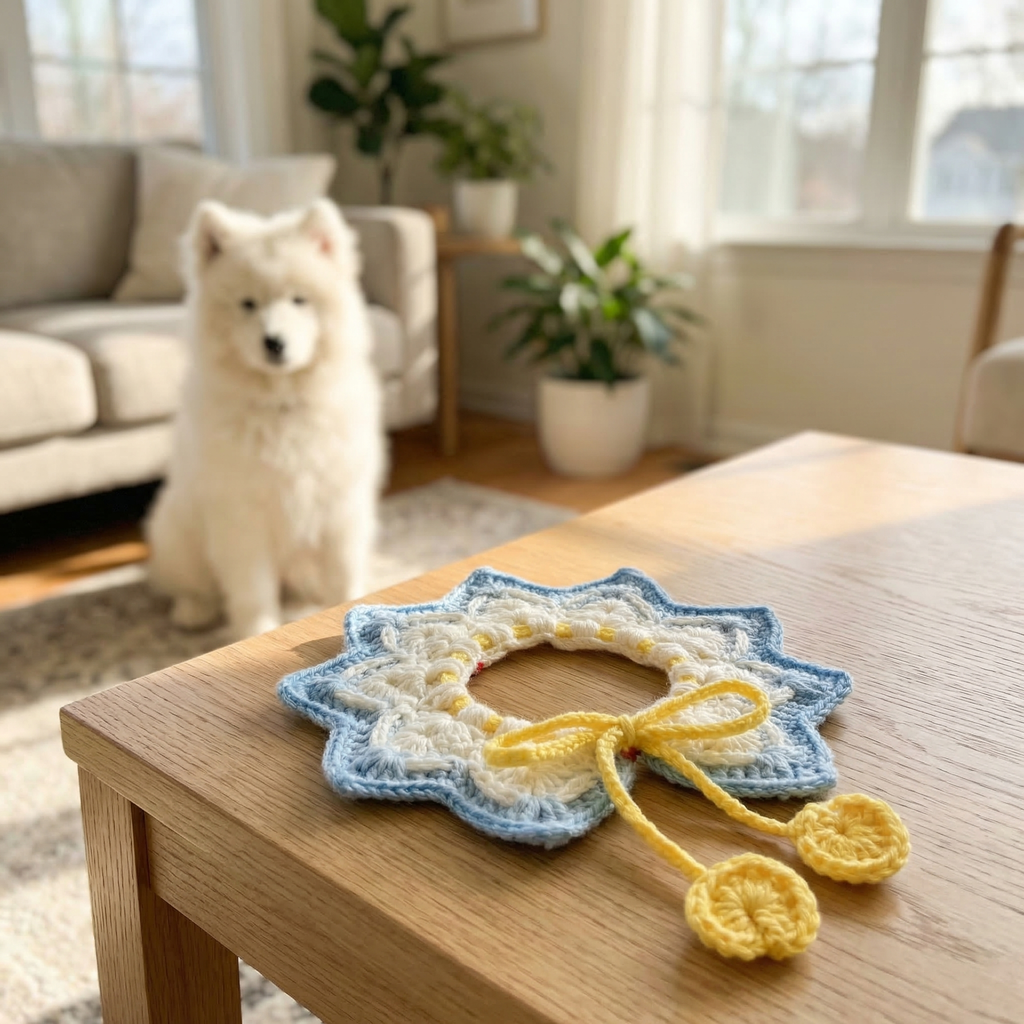 Handmade crochet pet scarf in blue, white, and yellow on a table, fluffy dog in background