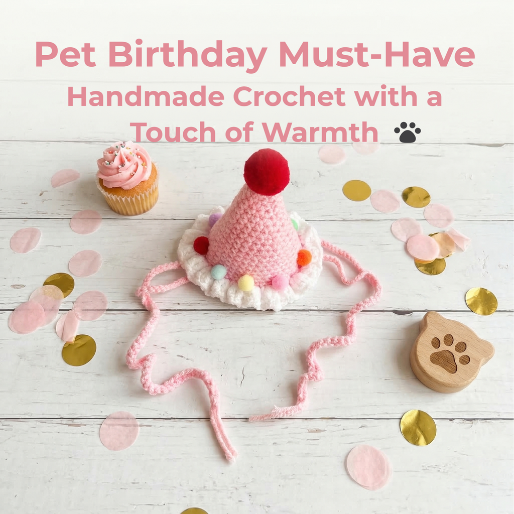 Handmade Crochet Pet Birthday Hat, Soft Cotton-Silk Yarn Pink Party Hat with Colorful Pom Poms, Adjustable Tie Pet Birthday Outfit, Cute Pet Birthday Photo Prop for Cats Dogs