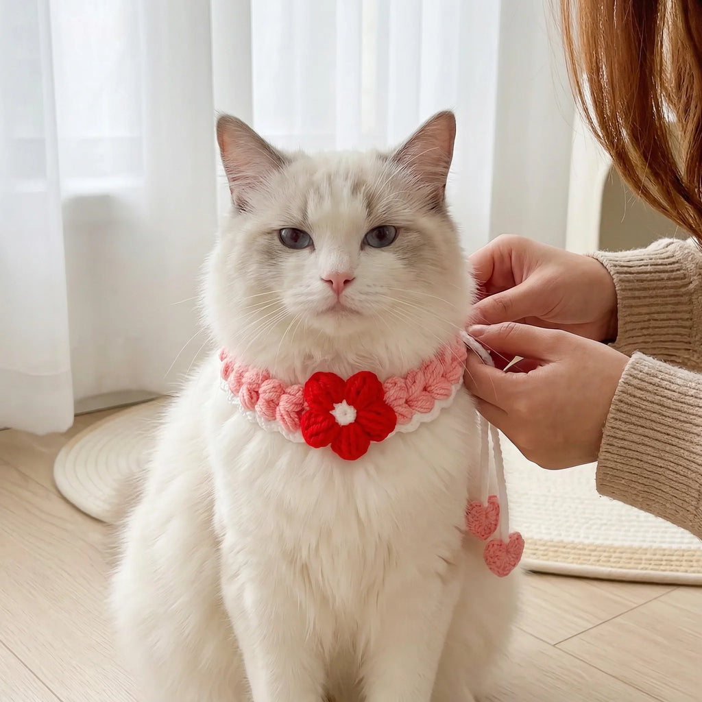 Handmade Crochet Pet Collar | Heart & Flower Dog Cat Bandana | 5 Colors Available