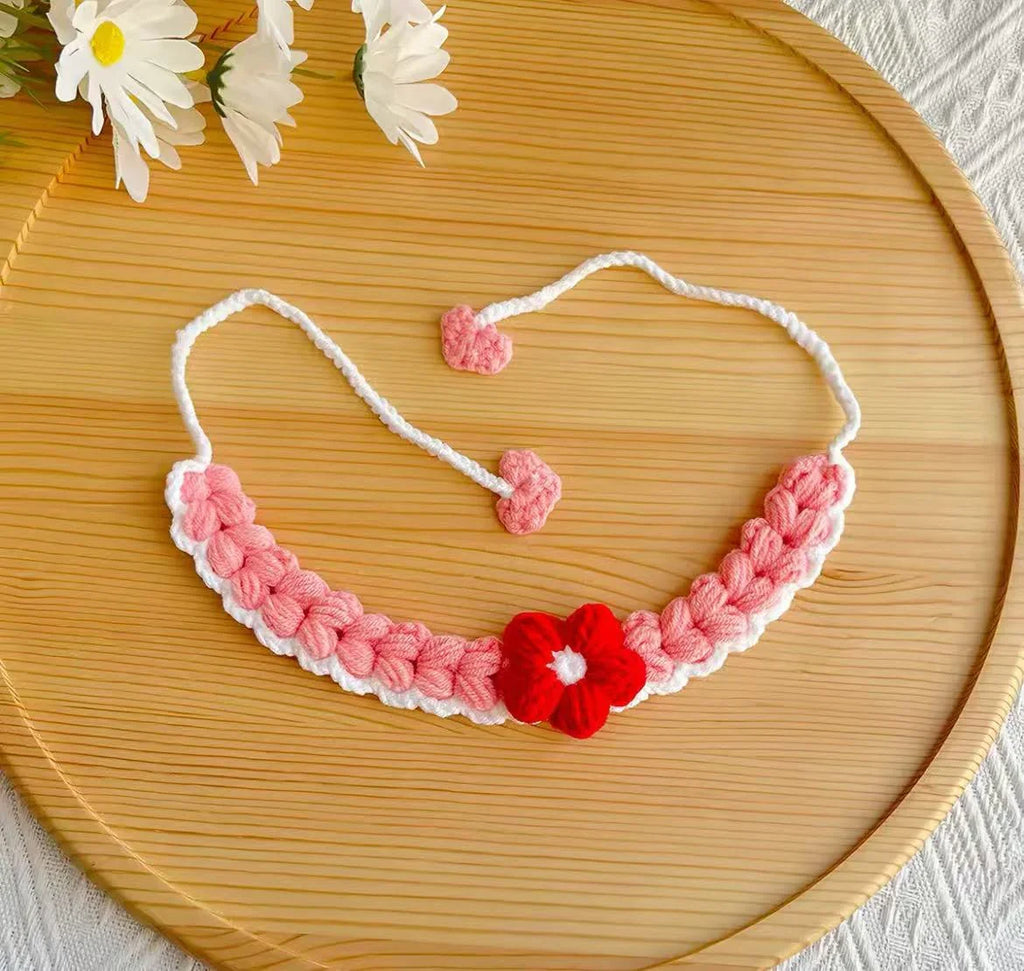 Handmade Crochet Pet Collar | Heart & Flower Dog Cat Bandana | 5 Colors Available