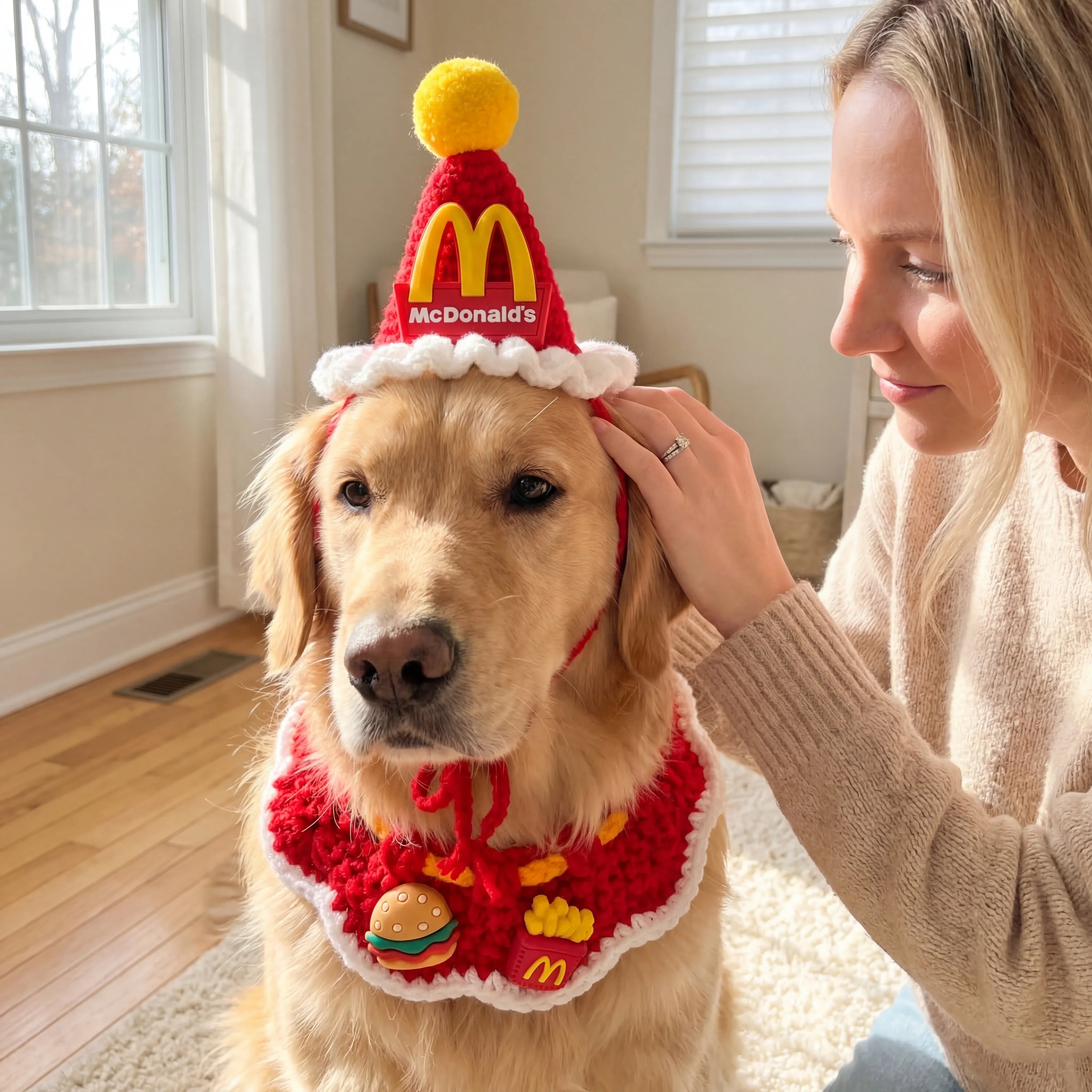 Golden Retriever Wearing Handmade Crochet McDonald's Pet Hat and Bib, Large Dog Knitted Costume, Adjustable Pet Accessory for Big Dogs