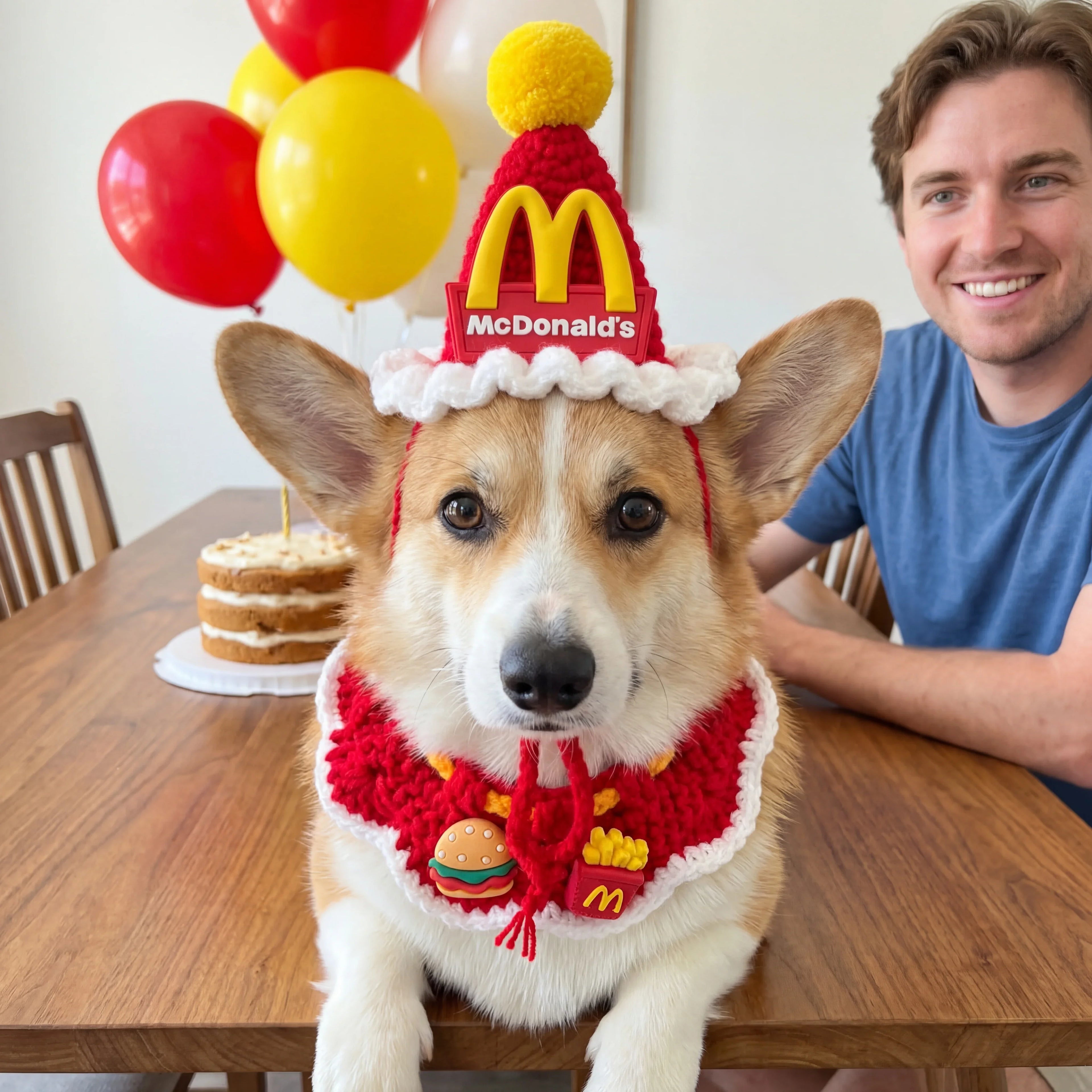 Corgi Dog in Handmade Crochet McDonald's Pet Outfit, Red Knitted Dog Hat and Collar Set, Fun Pet Costume for Birthdays and Parties