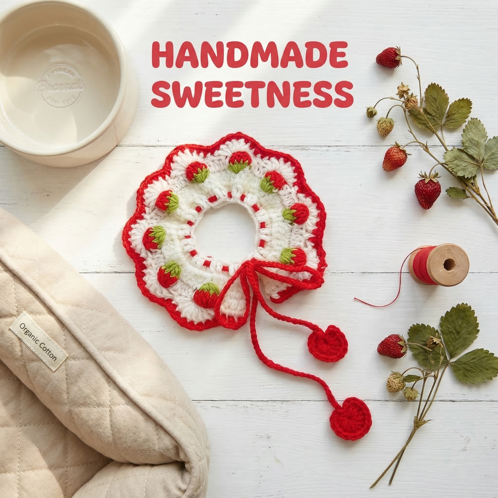 Handmade Crochet Pet Collar | Strawberry Themed Dog Cat Bandana with Pom Poms