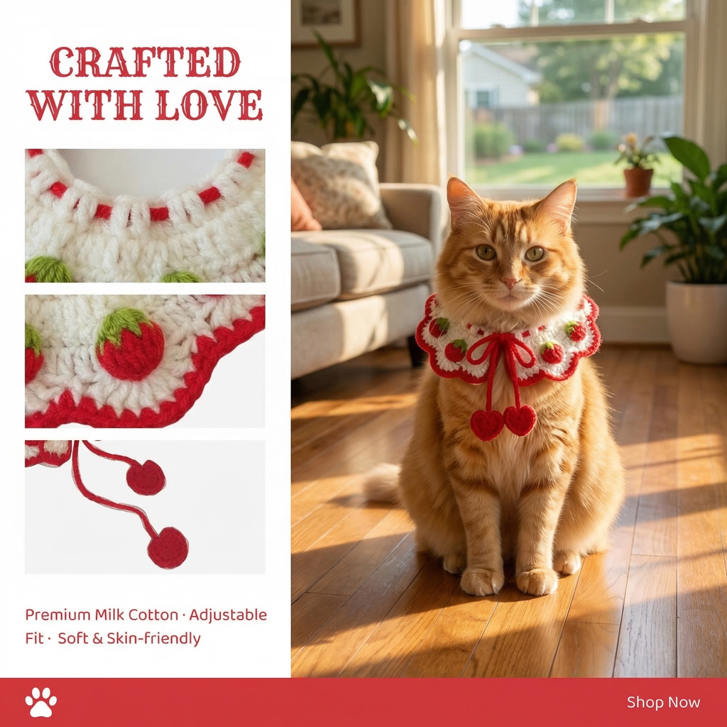 Handmade Crochet Pet Collar | Strawberry Themed Dog Cat Bandana with Pom Poms