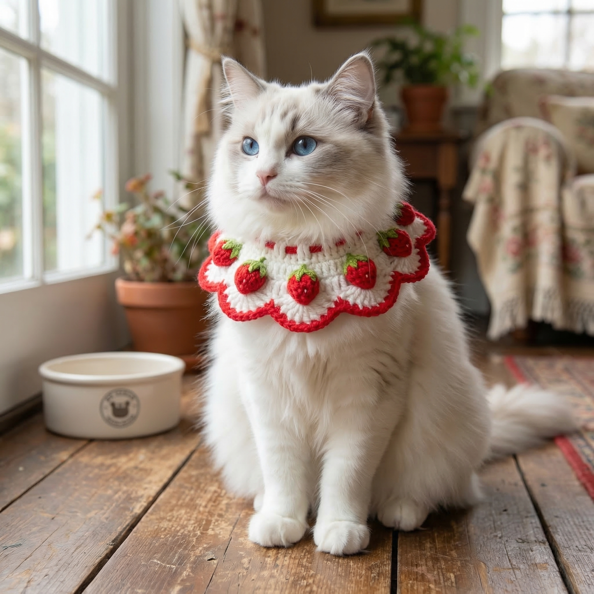 Handmade Crochet Pet Collar | Strawberry Themed Dog Cat Bandana with Pom Poms