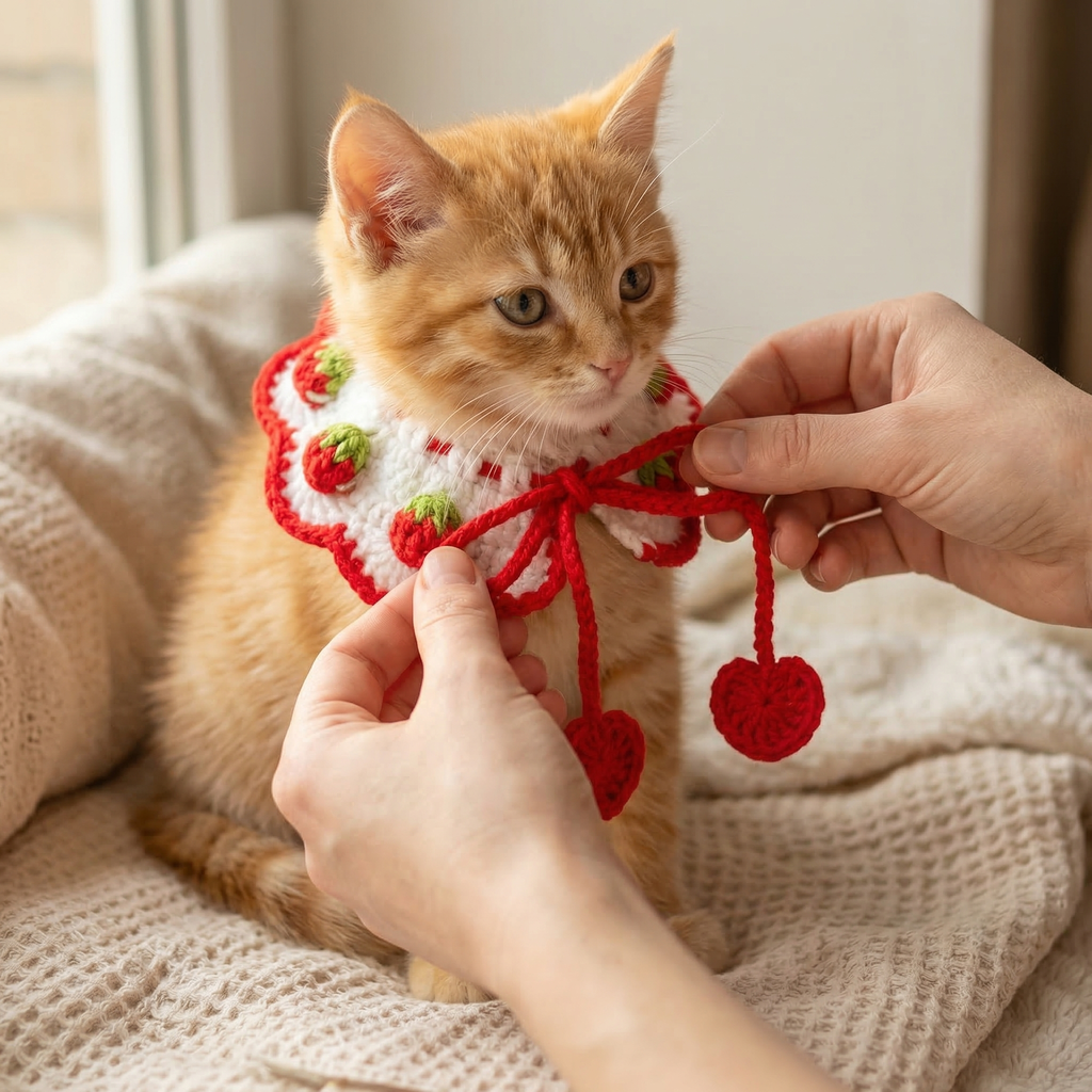 Handmade Crochet Pet Collar | Strawberry Themed Dog Cat Bandana with Pom Poms