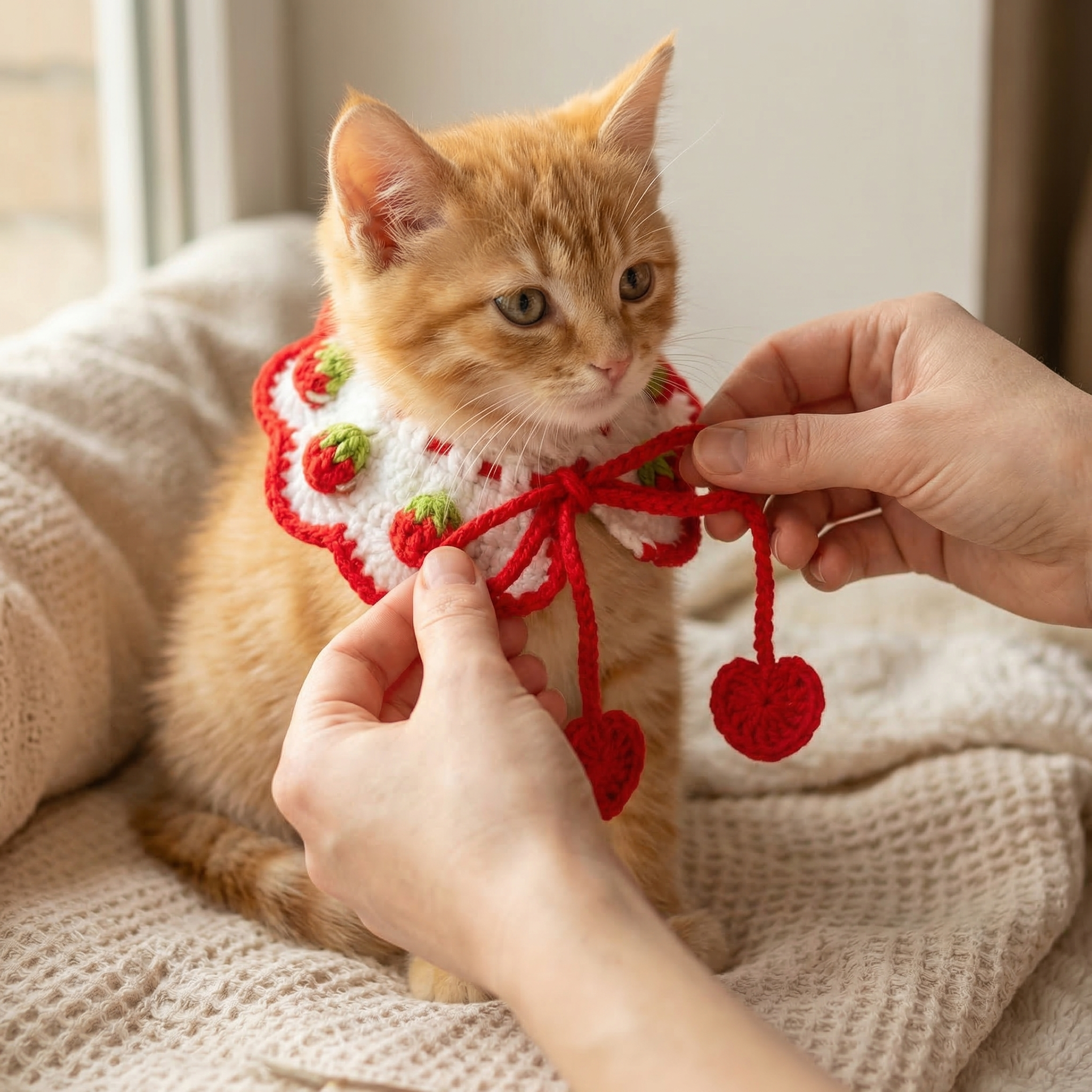 Handmade Crochet Pet Collar | Strawberry Themed Dog Cat Bandana with Pom Poms