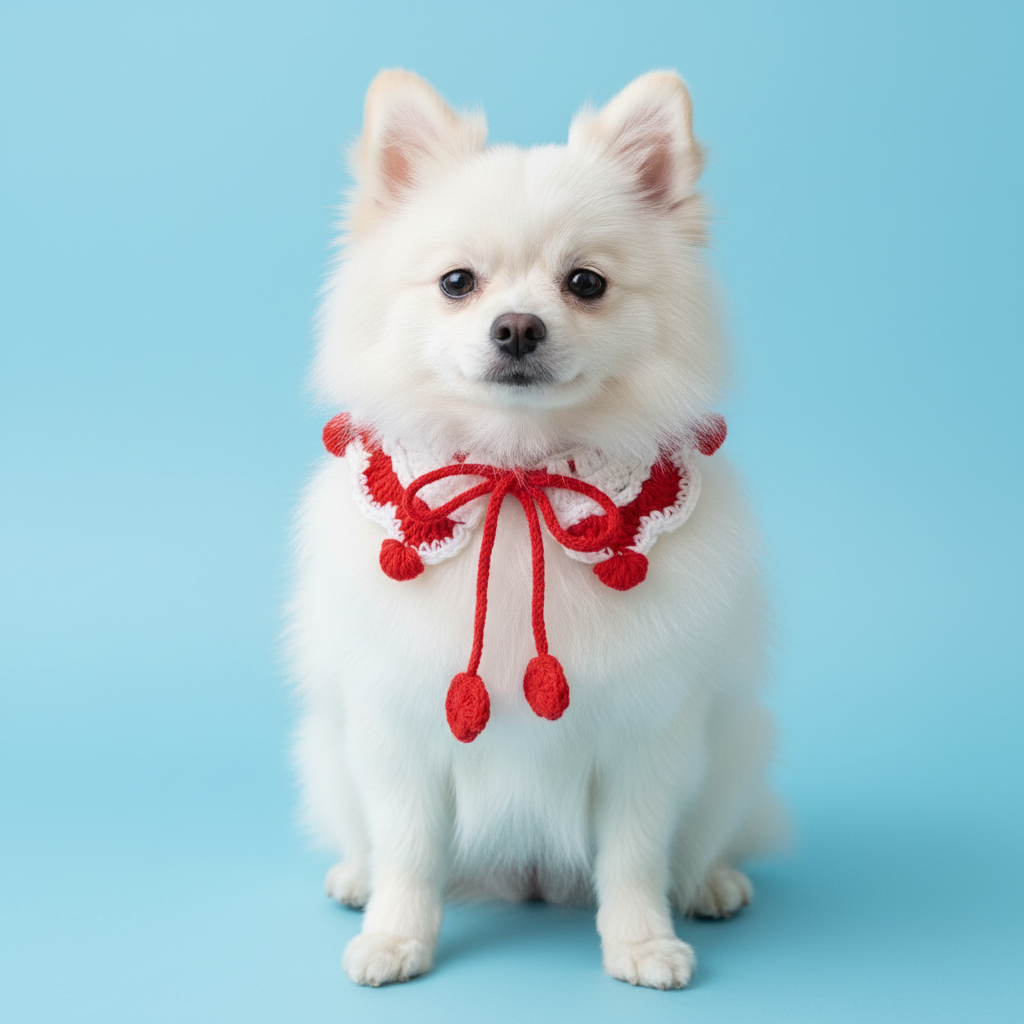 Handmade Crochet Pet Collar | Red White Ruffled Dog Cat Bandana with Pom Poms