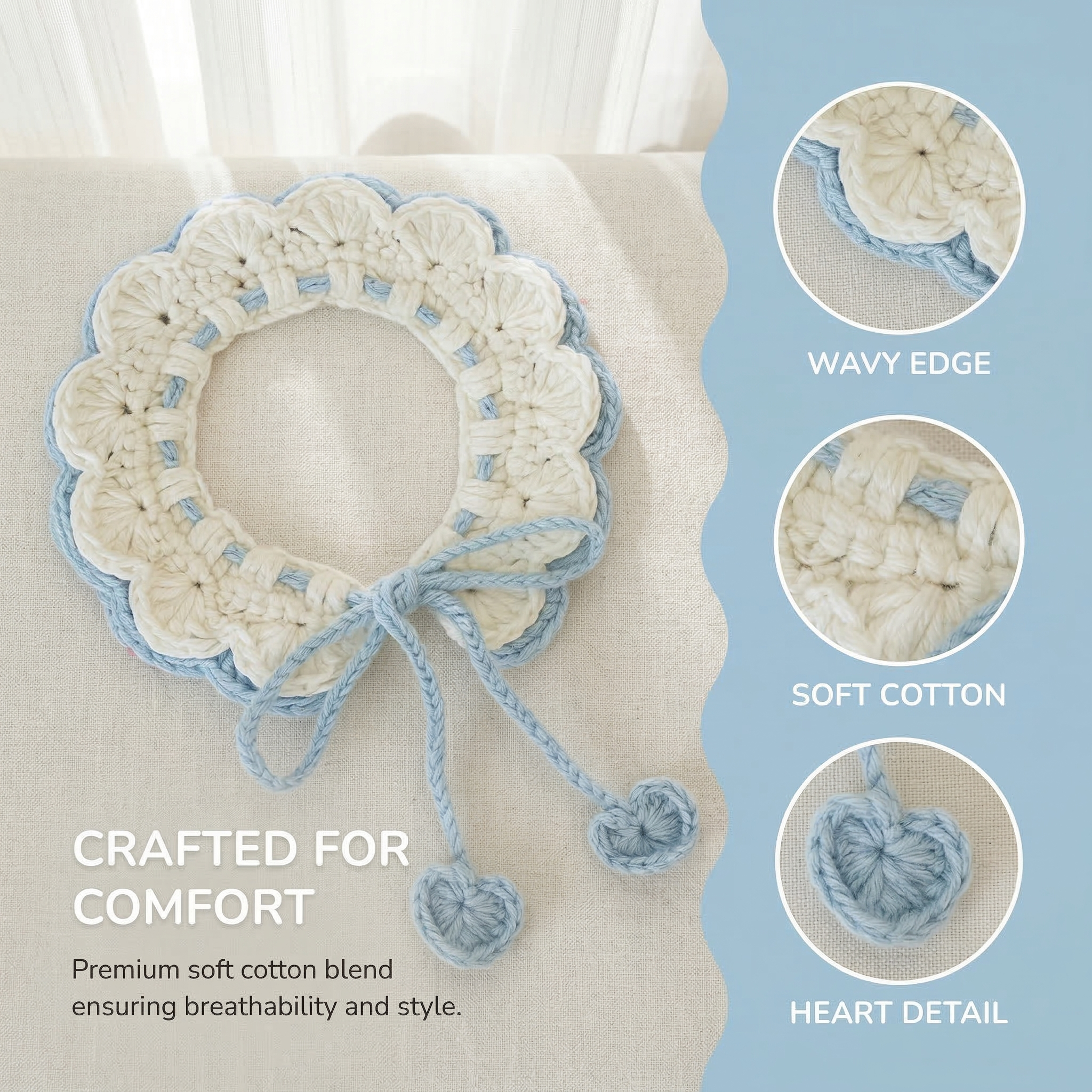 Handmade Crochet Pet Collar | White Blue Heart Ruffled Dog Cat Bandana with Pom Poms