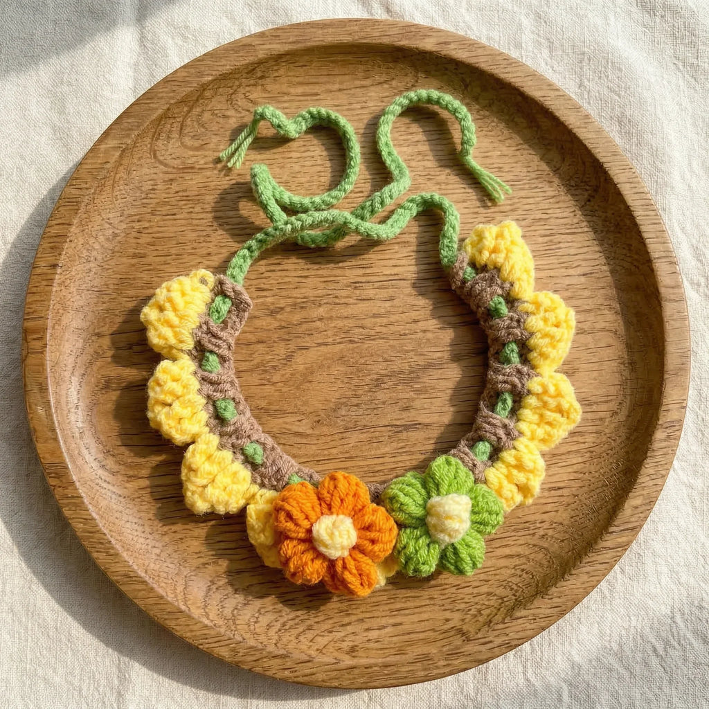 Handmade Crochet Pet Collar | Floral Flower Knitted Dog Cat Bandana Soft Adjustable