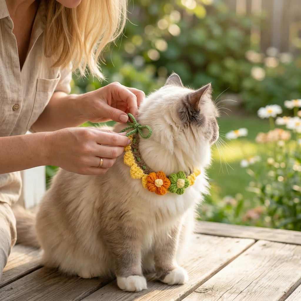 Handmade Crochet Pet Collar | Floral Flower Knitted Dog Cat Bandana Soft Adjustable