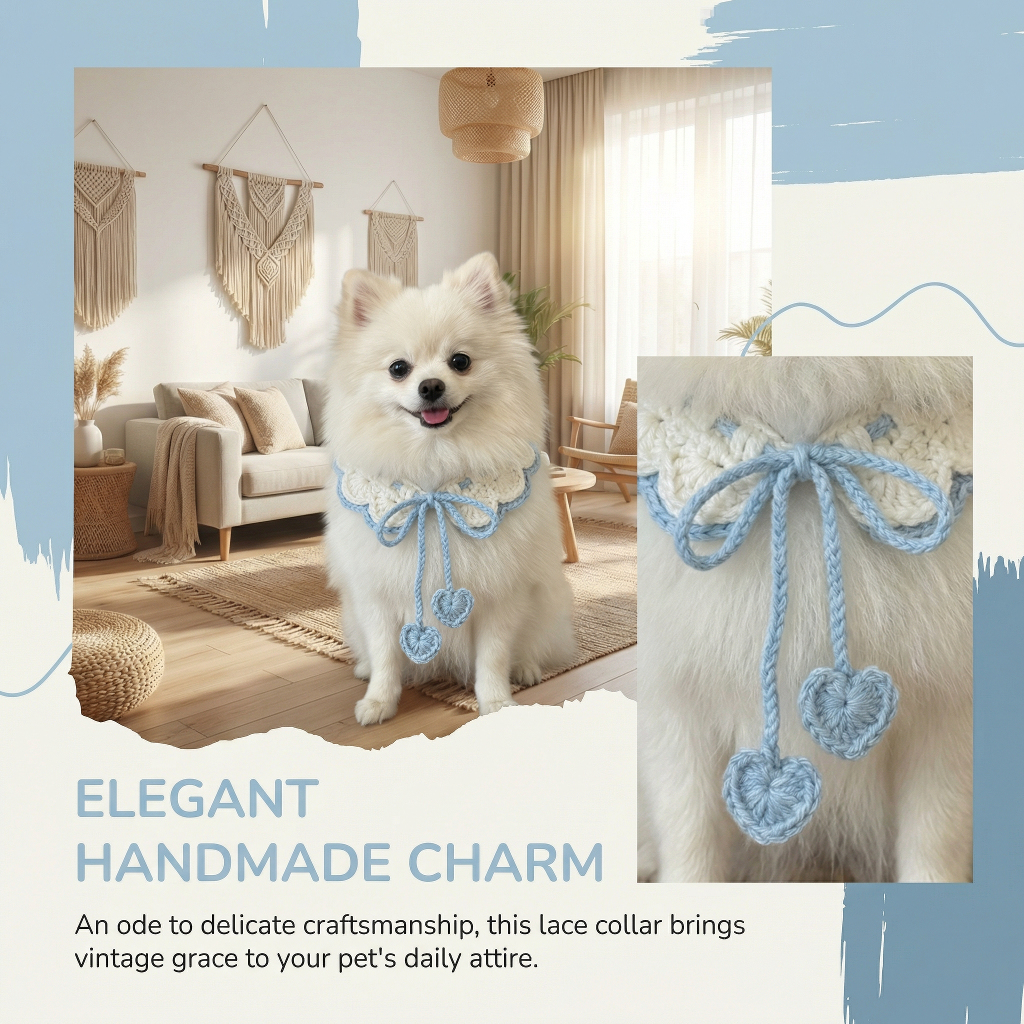 Handmade Crochet Pet Collar | White Blue Heart Ruffled Dog Cat Bandana with Pom Poms