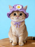 Crochet Handmade Daisy Pet Headwear – Purple & Green, Soft Cotton-Silk Yarn, Custom Made for Birthday Gift & Daily Wear