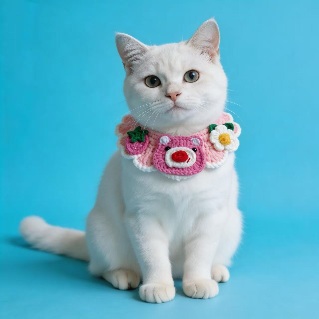 White Cat Wearing Handmade Crochet Pink Bear Strawberry Flower Collar, Cute Knitted Pet Neckwear for Cats, Handmade Pet Accessories for Photos and Gifting