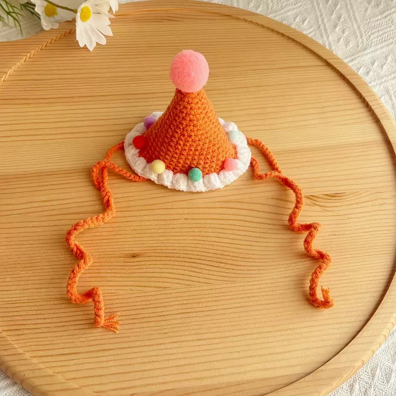 Handmade Crochet Pet Birthday Hat, Hand Knit Orange Cotton-Silk Yarn Party Hat for Dogs Cats, Custom Pet Birthday Accessory, Festive Pet Party Wear