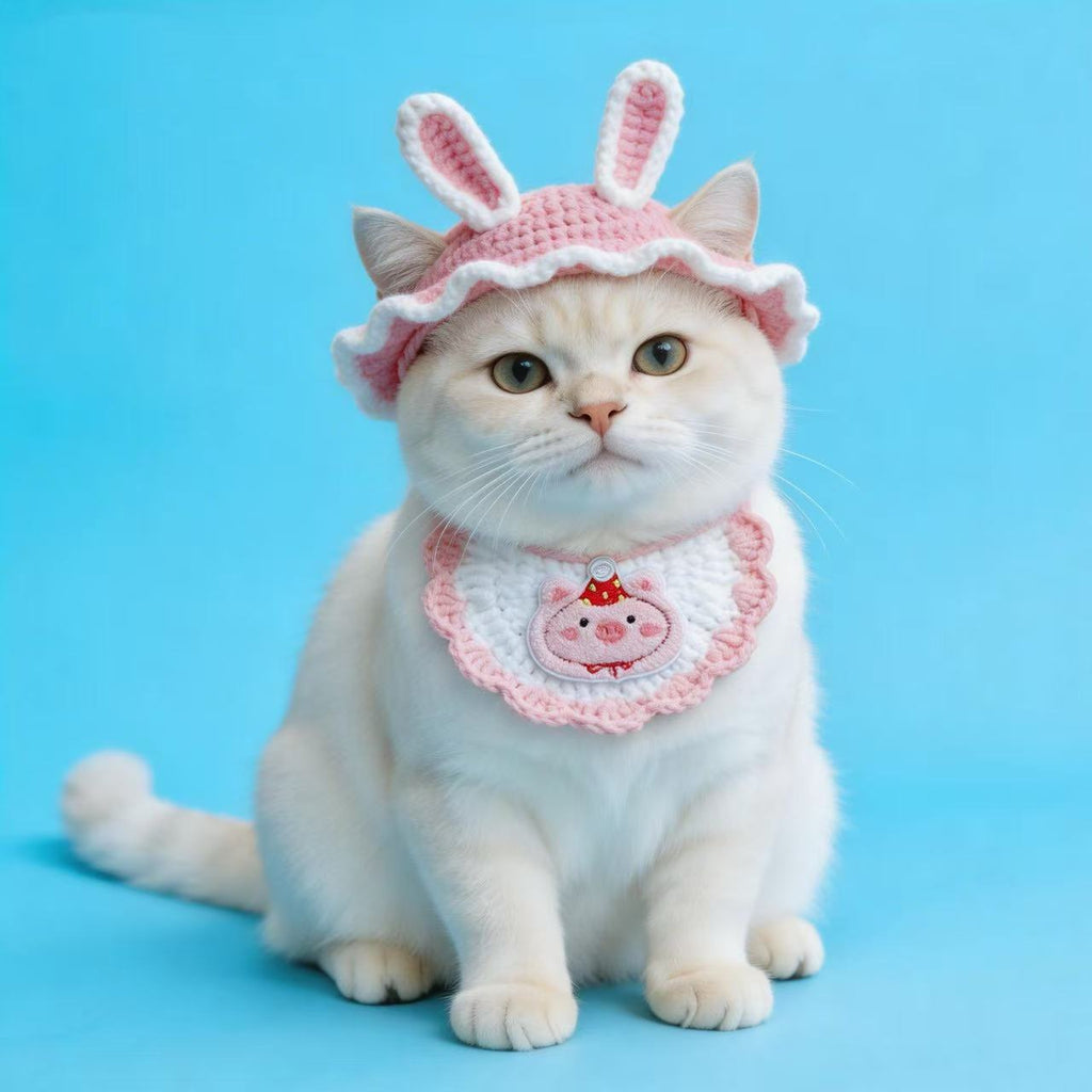 Cat Wearing Soft Handmade Crochet Bunny Hat, Ultra-Soft Knitted Pet Headwear, Comfortable Handcrafted Pet Accessory for Daily Wear