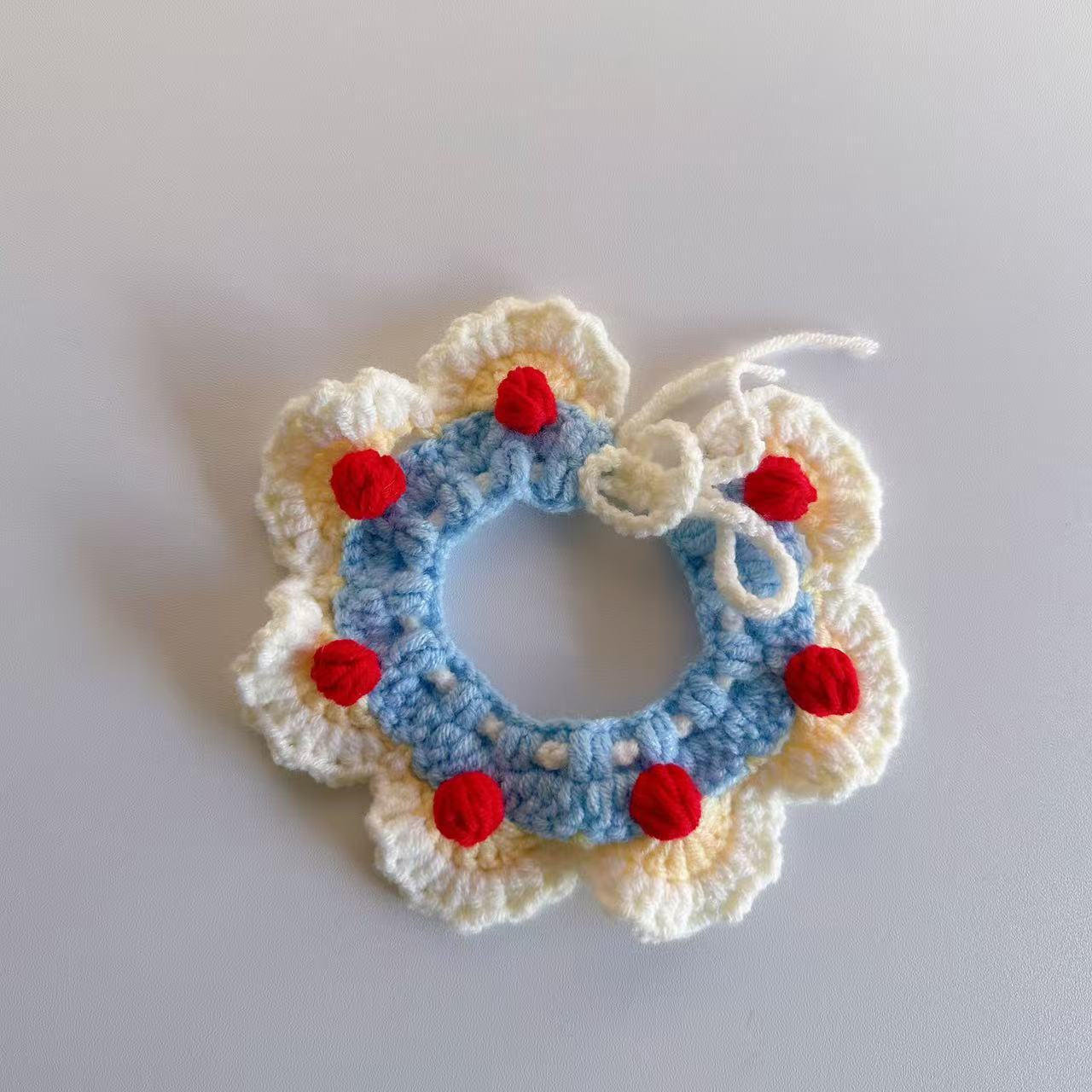 Handmade Crochet Cat Collar in Blue Yellow with Cherry Decor, Cute Knitted Pet Neckwear for Small Pets