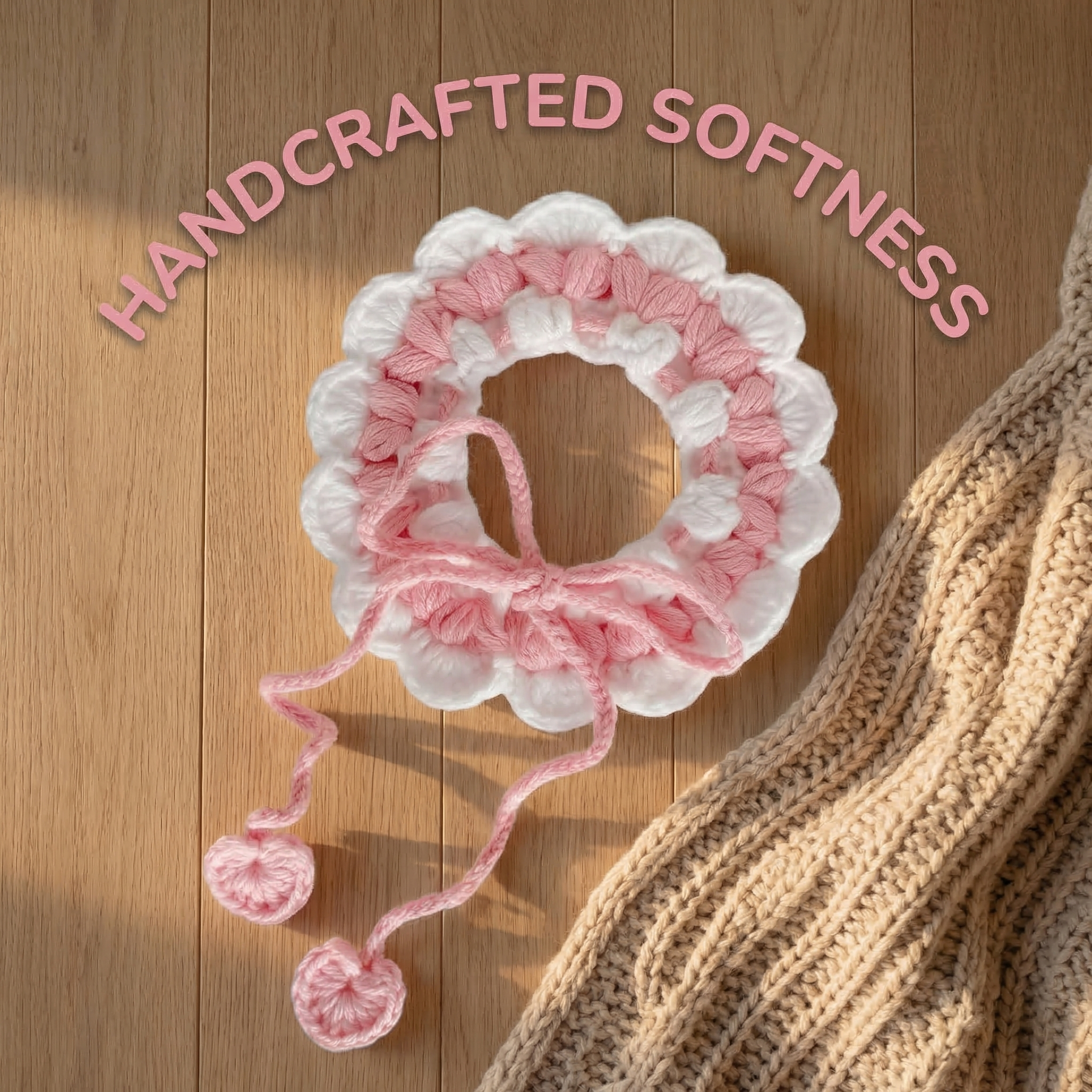 Close-up of handmade crochet pet collar in pink and white, displayed on wooden background with text "Handcrafted Softness"