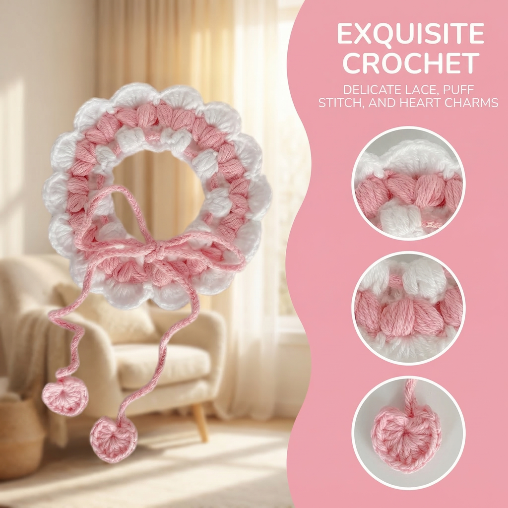 Detailed view of exquisite crochet pet collar featuring delicate lace stitch, puff stitch, and pink heart charms, handmade accessory