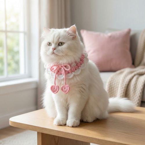 Fluffy white cat sitting on a wooden table with pink pillows, wearing a soft handmade crochet collar in pink and white