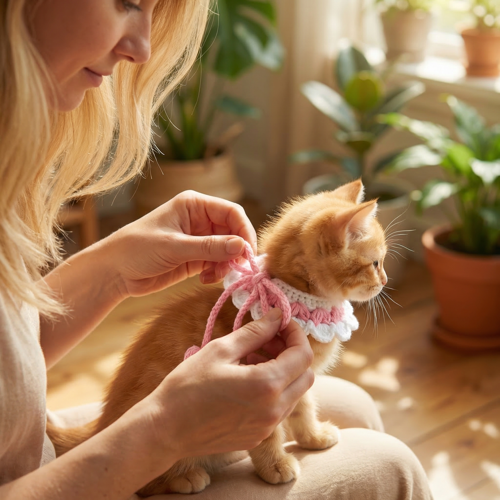 Woman gently adjusting a handmade crochet pet collar on a ginger kitten, showcasing cute and customizable pet accessory