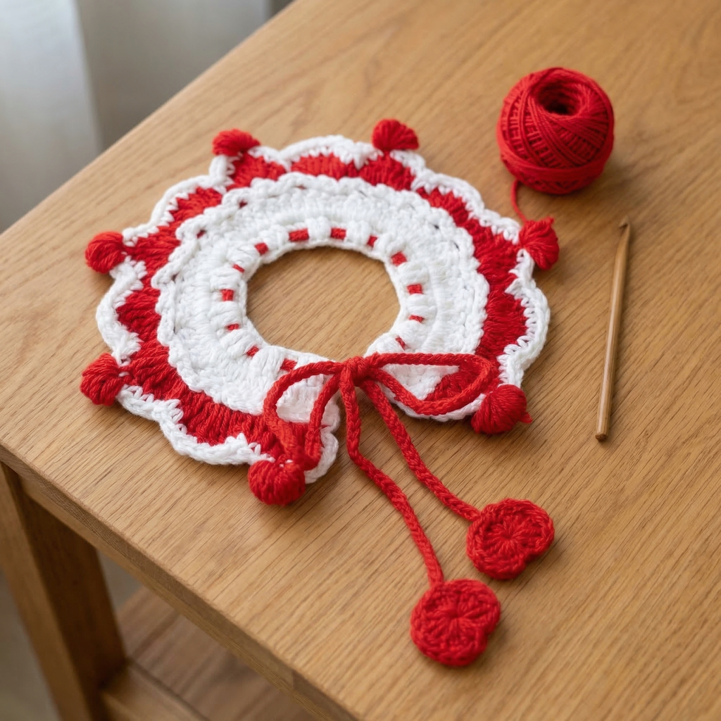 Handmade Crochet Pet Collar | Red White Ruffled Dog Cat Bandana with Pom Poms