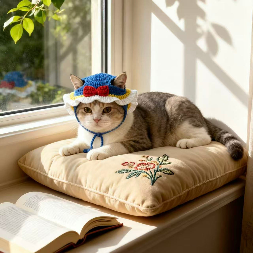 Closeup of Cute Cat in Handmade Crochet Pet Hat, Blue Knitted Headwear with Red Bow and Ruffled White Edge, Adorable Photogenic Pet Accessory