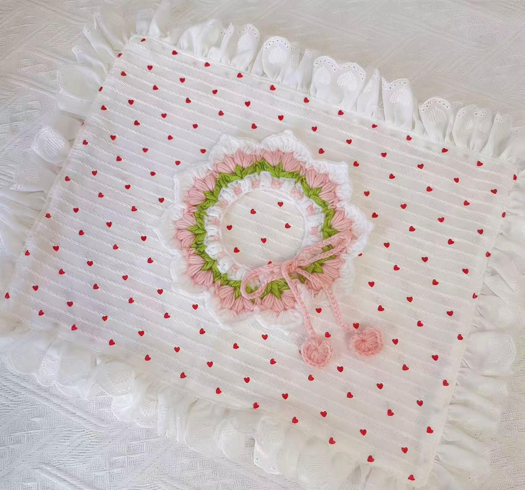 Handmade Crochet Pet Collar | Pink Green Floral Ruffled Dog Cat Bandana with Pom Poms