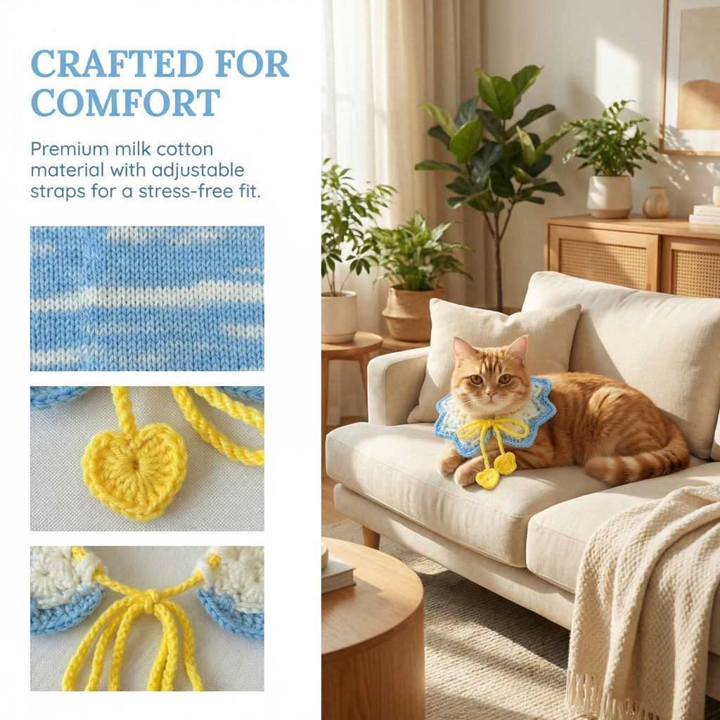 Soft milk cotton cat collar bib with adjustable straps, handmade crochet pet accessory with heart charm, designed for stress-free comfort for cats.
