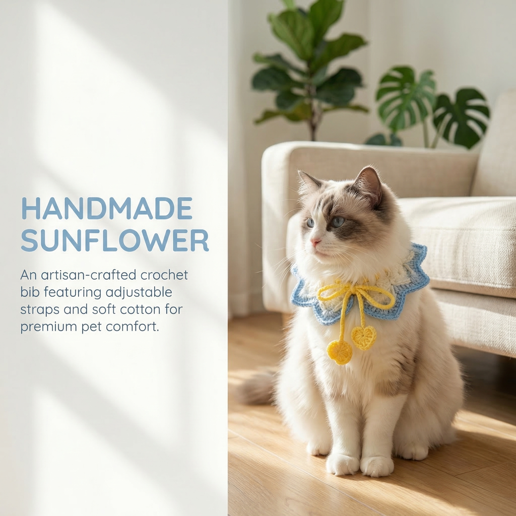 Artisan-crafted sunflower cat collar bib, handmade crochet pet accessory with adjustable straps, soft milk cotton material for gentle fit on cats.