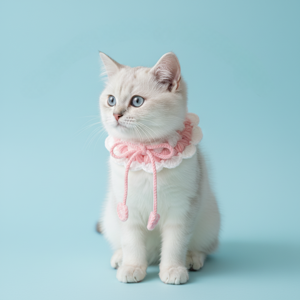 Adorable white cat wearing a handmade pink and white crochet pet collar with heart charms, against a pastel blue background