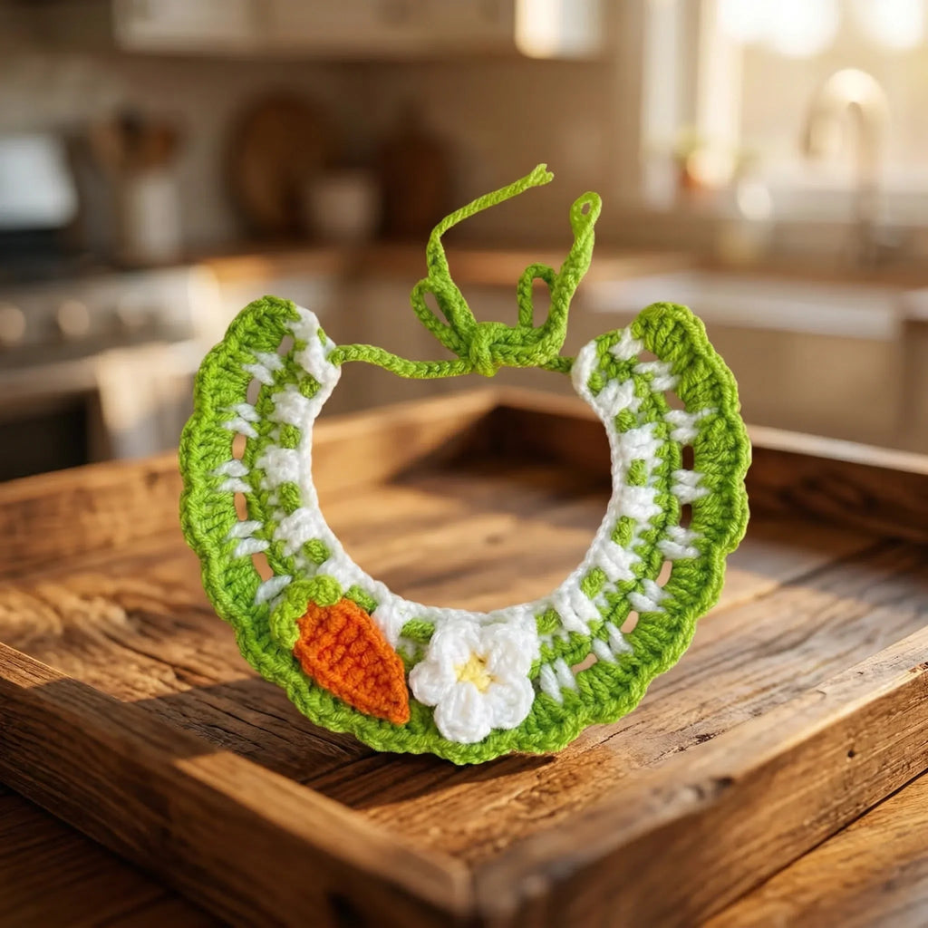 Handmade Cotton Crochet Pet Collar, Green Knitted Pet Bib with Carrot & Flower Design, Soft Adjustable Pet Neckwear for Home Daily Use