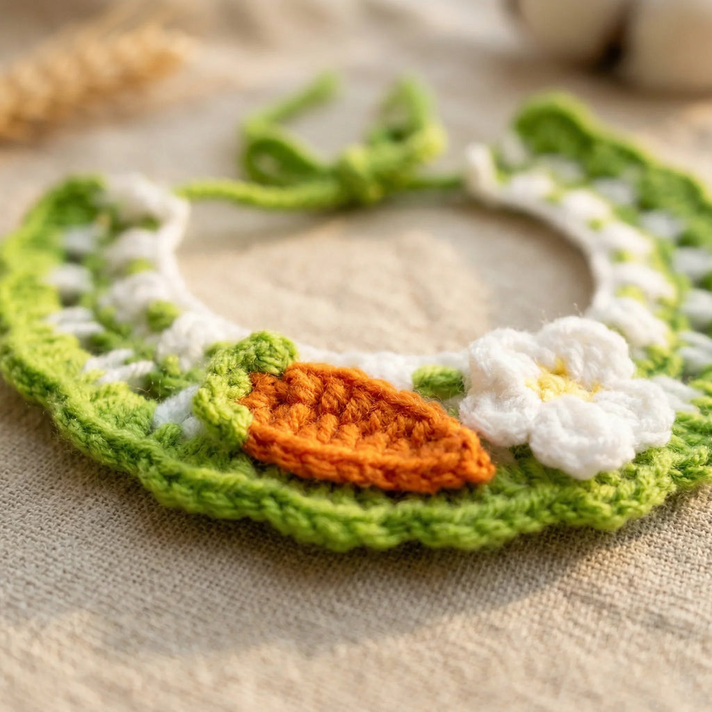 Handmade Crochet Pet Collar Closeup, Green Knitted Bib with Carrot and White Flower Detail, Soft Cotton Spring Pet Neckwear for Cats & Dogs