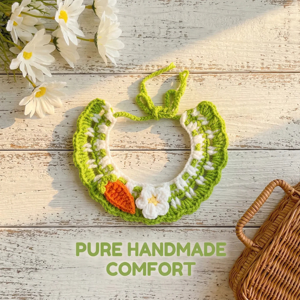 Spring Themed Crochet Pet Bib, Handmade Green Knitted Pet Collar with Carrot Flower, Pure Handmade Comfort Pet Accessory on Wooden Background