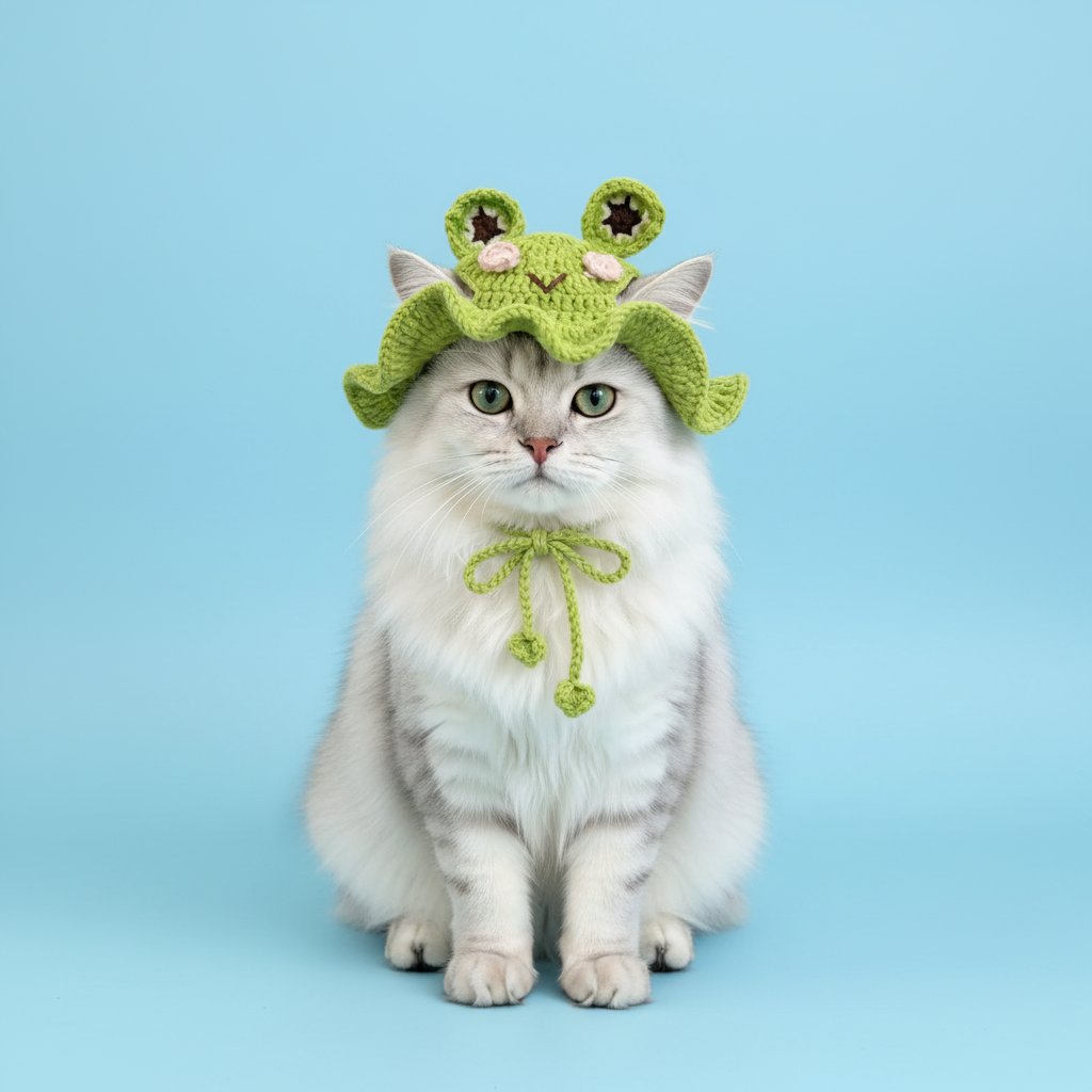 Luxury Handmade Crochet Pet Frog Hat- Designer Cat & Dog Headpiece,Premium Soft Yarn, Aesthetic Pet Styling & Gift Choice