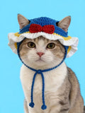 Closeup of Cute Cat in Handmade Crochet Pet Hat, Blue Knitted Headwear with Red Bow and Ruffled White Edge, Adorable Photogenic Pet Accessory
