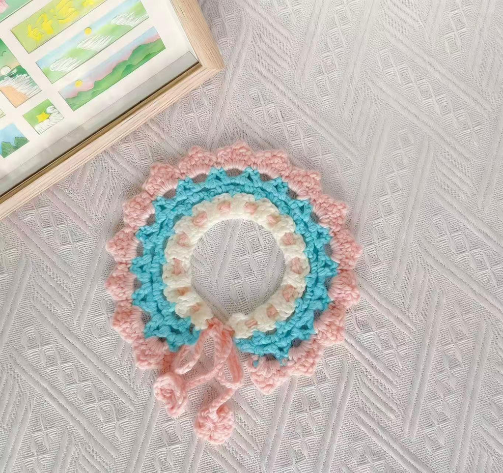 Handmade Crochet Pet Collar | Pink Blue Starburst Ruffled Dog Cat Bandana with Pom Poms